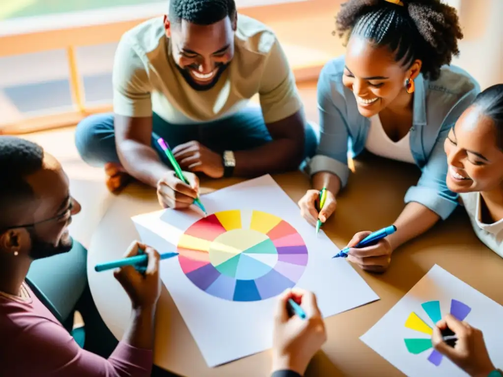 Grupo diverso escribiendo con marcadores en círculo, transmitiendo inclusión lingüística y creatividad