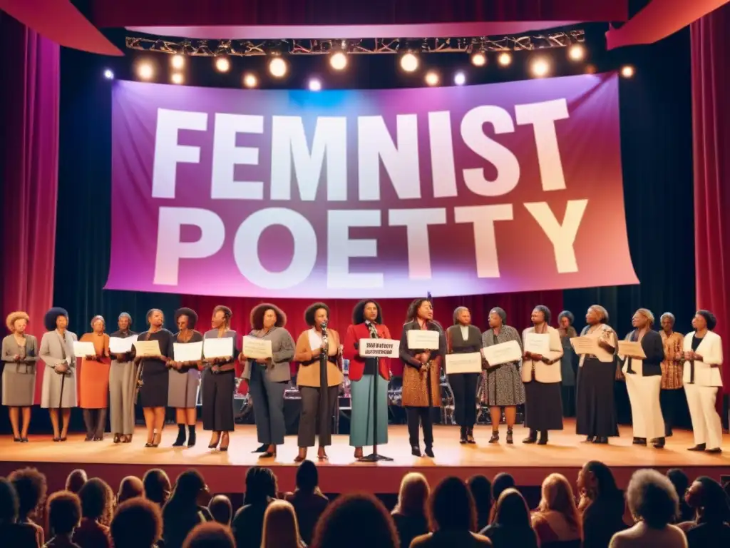 Un grupo diverso de mujeres recitando apasionadamente poesía feminista en un escenario iluminado cálidamente, inspirando generaciones