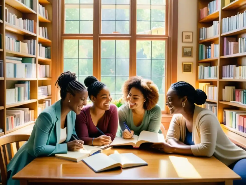 Un grupo diverso de mujeres poetas se reúnen alrededor de una mesa, rodeadas de libros de poesía, compartiendo risas y conversaciones profundas