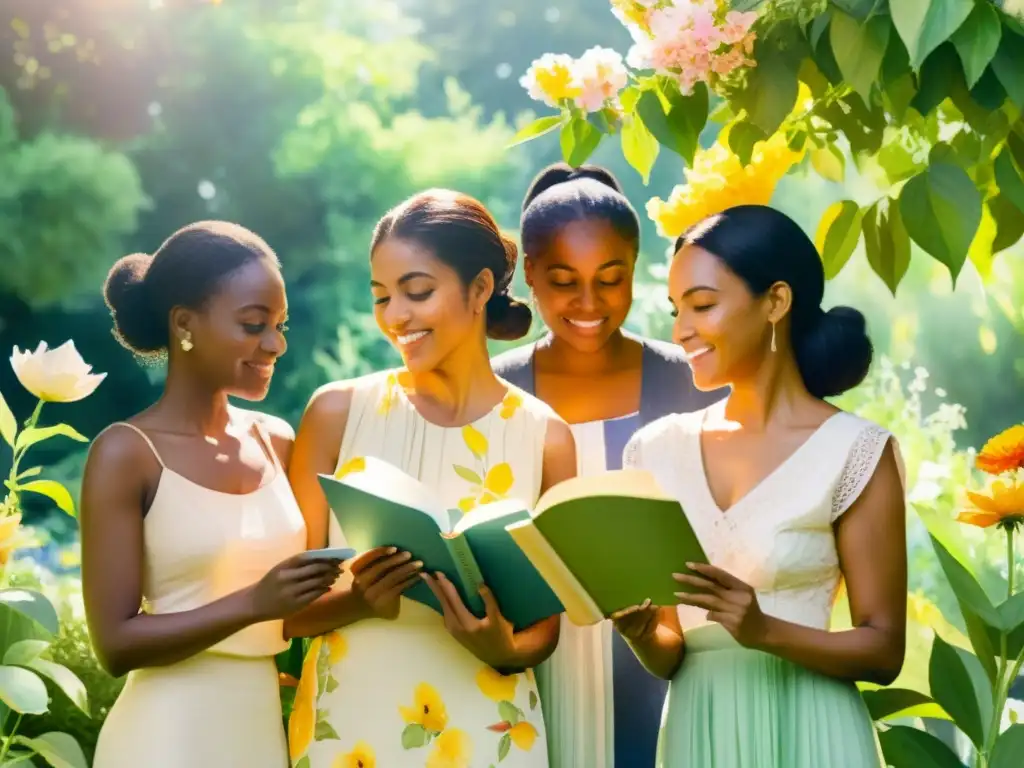 Grupo diverso de mujeres en jardín soleado, cada una con revistas de poesía, rodeadas de flores