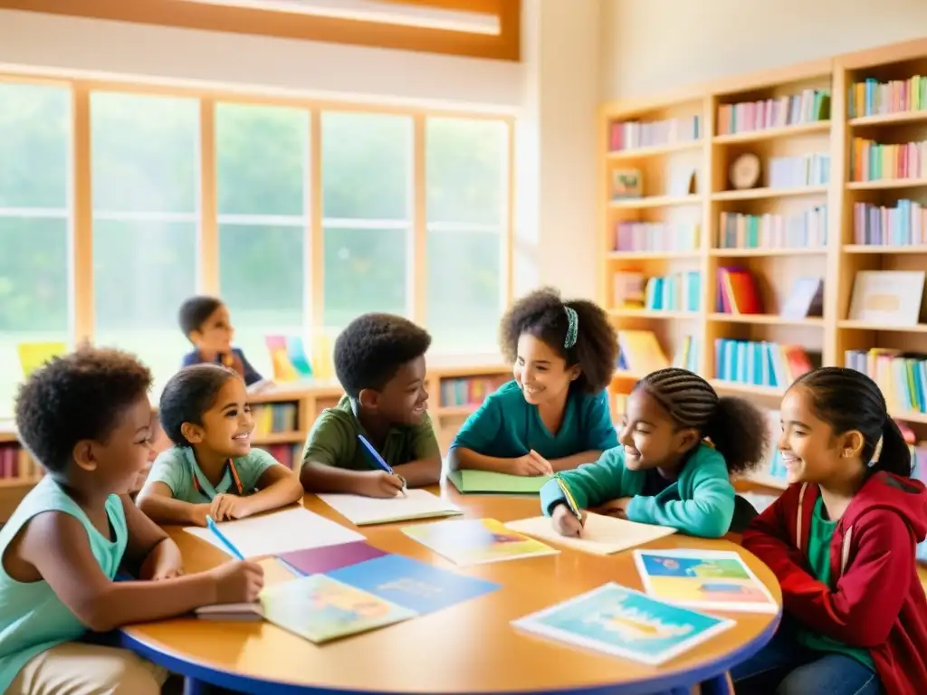 Grupo diverso de niños escribiendo y compartiendo poesía en un alegre taller multicultural