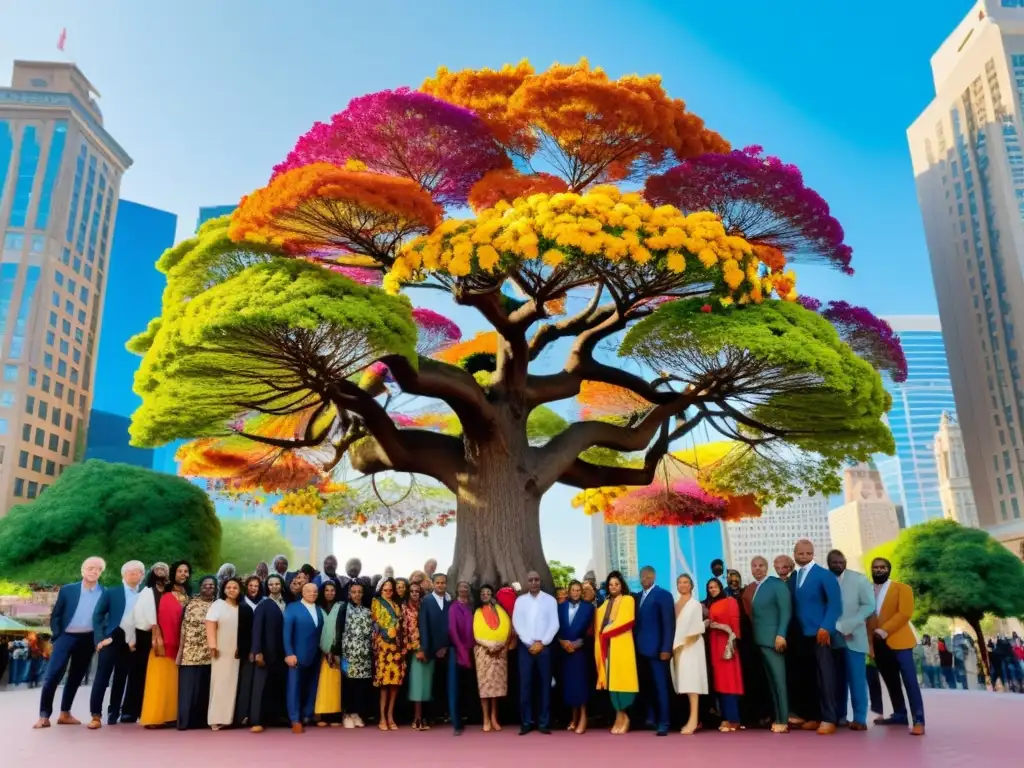 Un grupo diverso de personas se reúne alrededor de un árbol con poesía en diferentes idiomas, simbolizando la influencia de la poesía globalizada