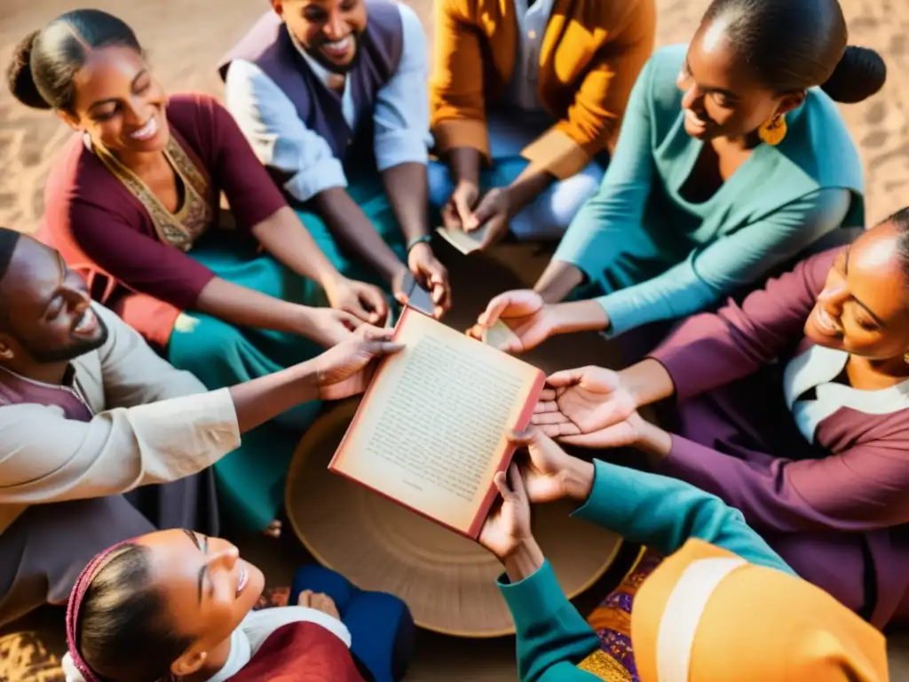 Un grupo diverso de personas se reúne en círculo al atardecer, compartiendo pasión por la poesía