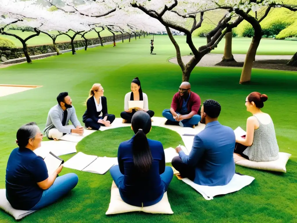 Un grupo diverso de personas de diferentes culturas escribe haikus juntos al aire libre, reflejando la globalización del Haiku en diferentes culturas