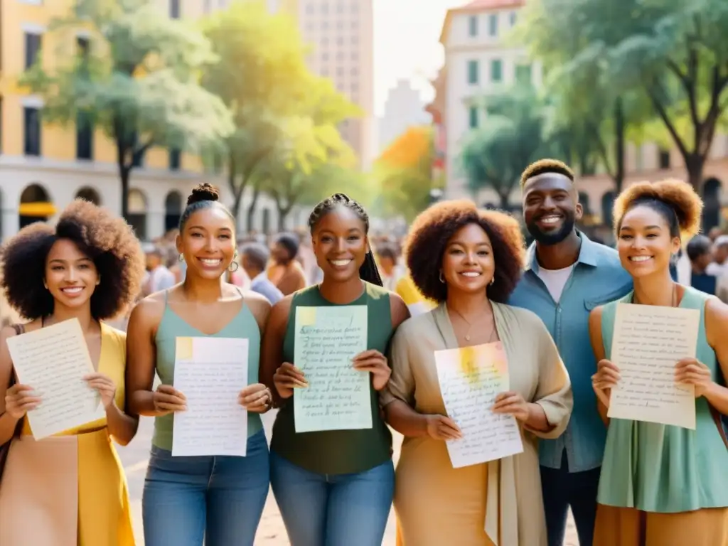 Un grupo diverso de personas se reúne en la plaza de una bulliciosa ciudad, sosteniendo poemas escritos a mano en papel colorido y texturizado