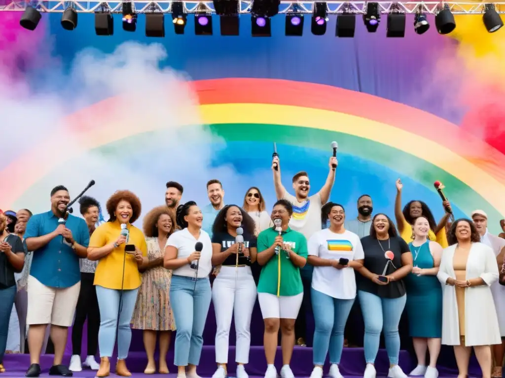 Un grupo diverso de personas recita poesía con pasión en un escenario colorido, celebrando la poesía LGBTQ+ en diferentes culturas