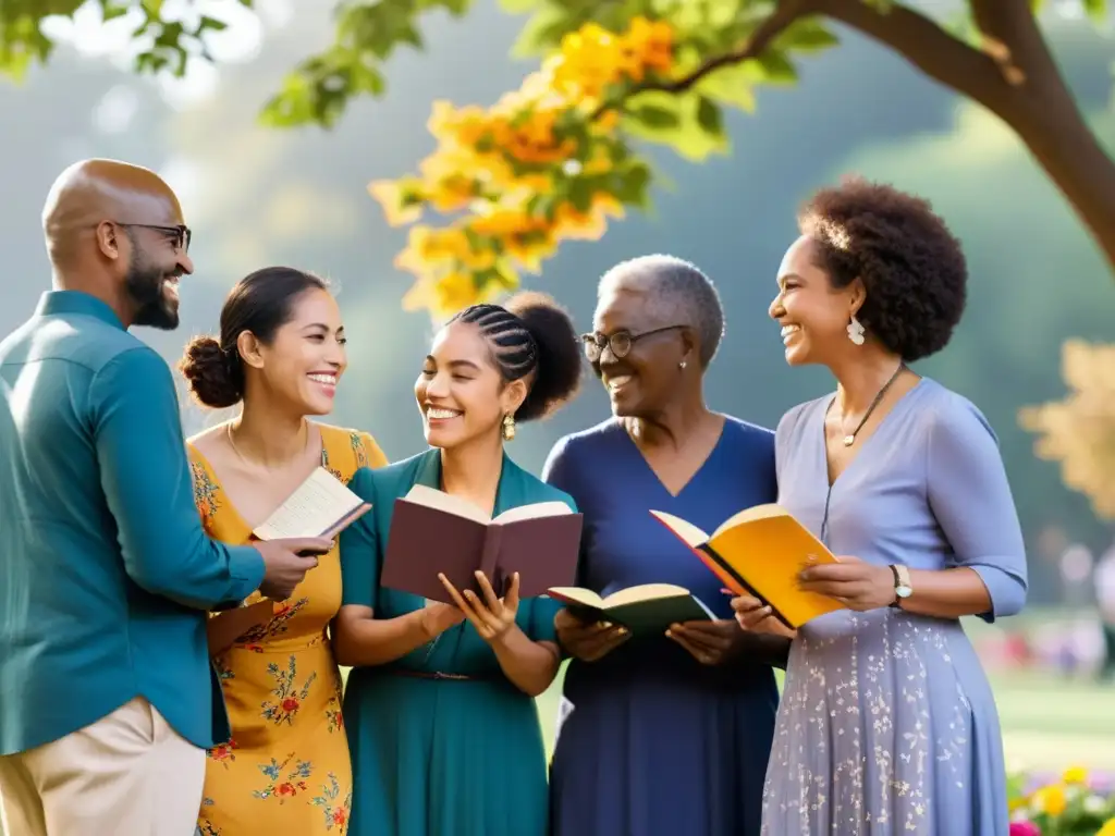 Un grupo diverso de personas sonrientes disfrutan de la belleza de la poesía contemporánea en diferentes idiomas, en un parque soleado y colorido