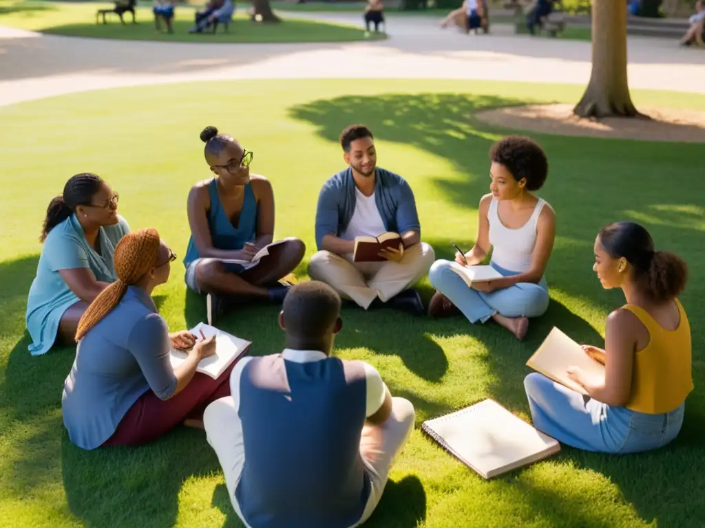 Un grupo diverso de personas participa en un taller de poesía al aire libre, rodeados de naturaleza y creatividad