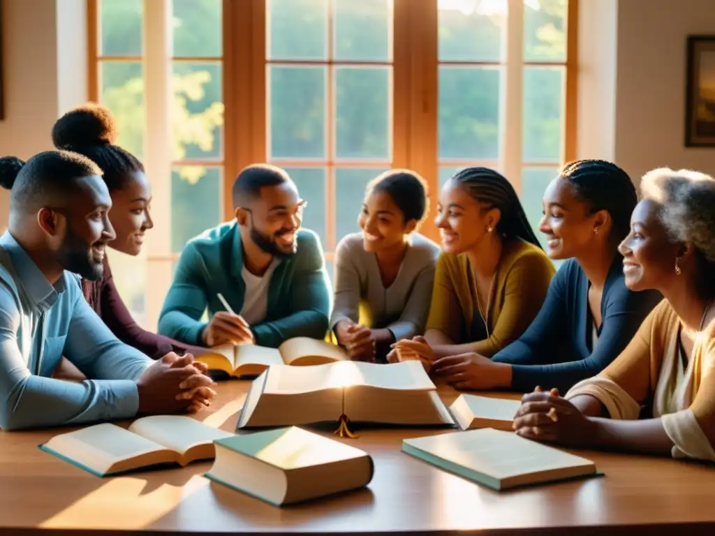 Un grupo diverso de personas se reúnen en torno a una mesa, compartiendo una conversación profunda y significativa