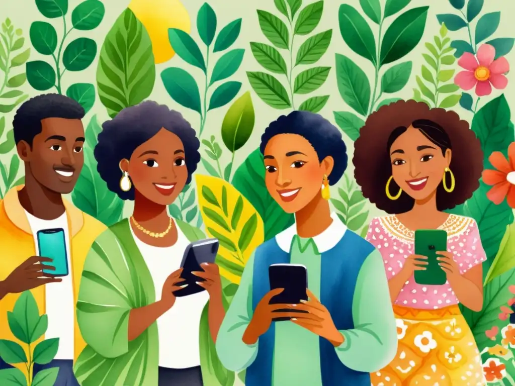 Un grupo diverso de personas comparte poesía a través de sus smartphones en medio de exuberante vegetación