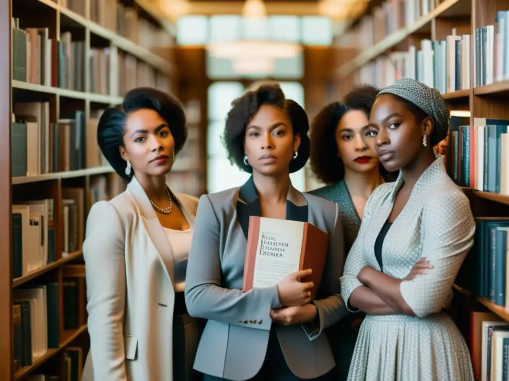 Grupo diverso de pioneras del feminismo y la poesía universal, fuertes y determinadas, en una biblioteca llena de libros