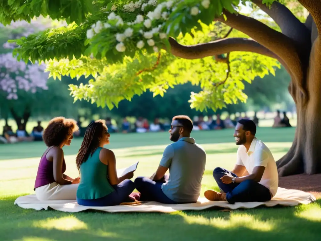 Grupo diverso disfruta de poesía bajo un árbol floreciente en un parque