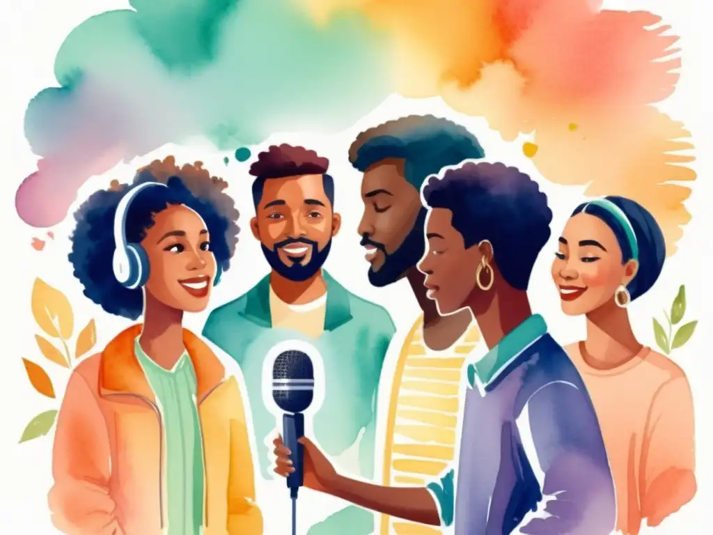 Recital de poesía digital: encuentro vibrante Un grupo diverso recita poesía en una atmósfera digital acogedora y vibrante