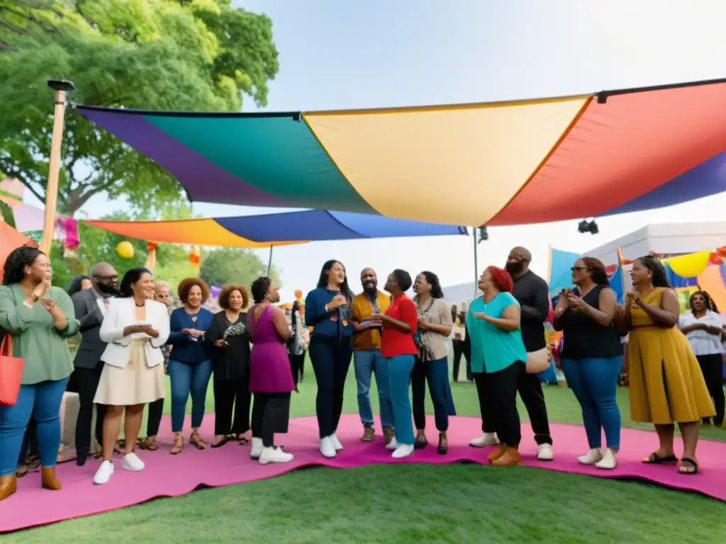 Grupo diverso celebra la poesía en Lenguaje de Señas en un espacio vibrante y colorido, mostrando inclusividad y alegría