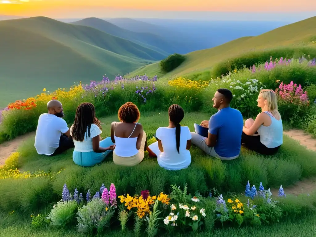 Un grupo diverso escucha apasionadamente la poesía en un prado con flores silvestres al atardecer