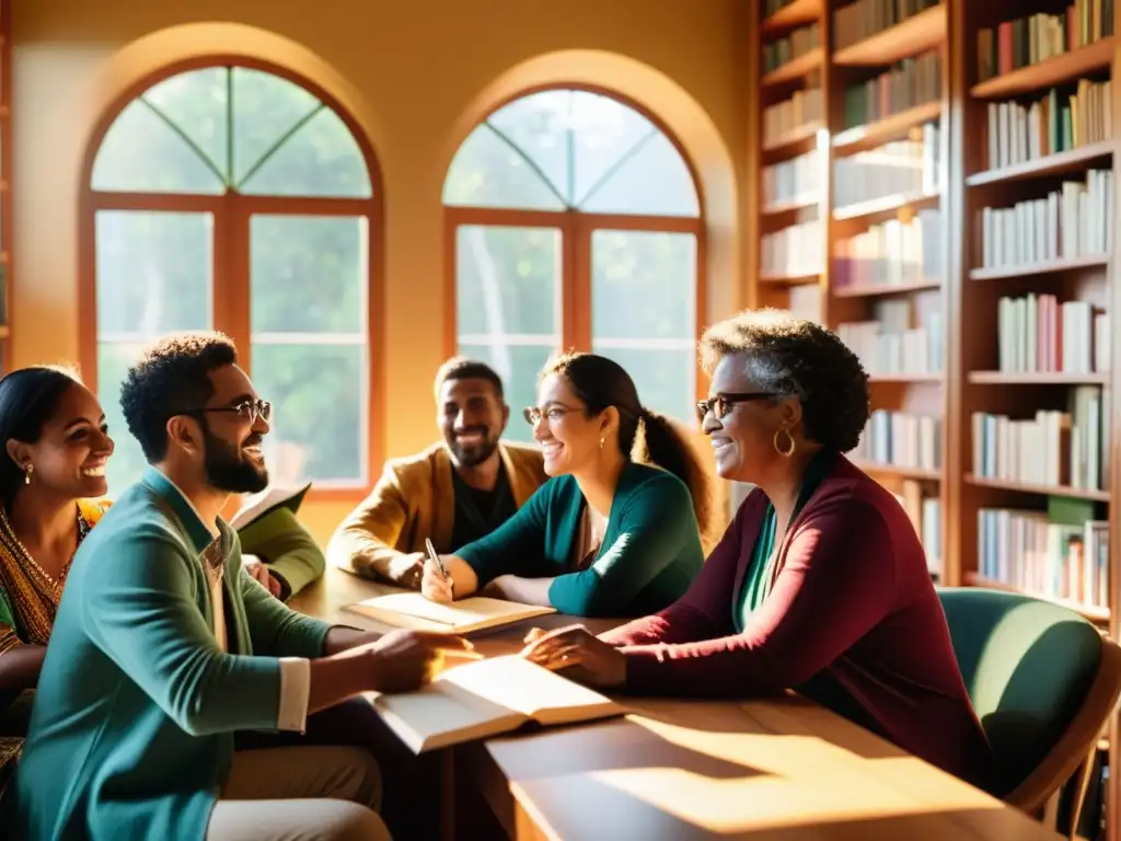 Un grupo diverso de poetas iberoamericanos se reúnen en una biblioteca decorada, discutiendo apasionadamente