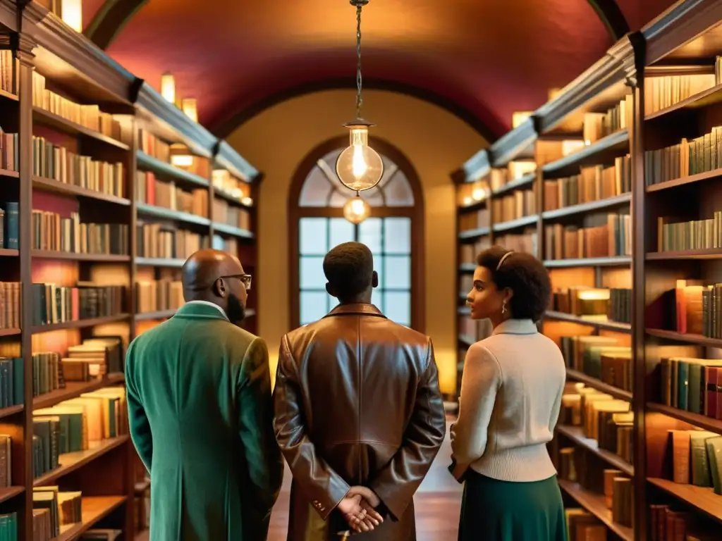 Grupo diverso de poetas iberoamericanos en una biblioteca histórica, rodeados de libros antiguos y títulos de poesía iberoamericana, inspirando creatividad y pasión literaria