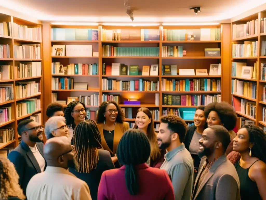 Un grupo diverso de poetas recita en varios idiomas frente a estantes de libros multicolores