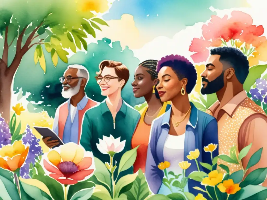 Grupo diverso de poetas LGBTQ+ se reúnen en jardín soleado, compartiendo apoyo y creatividad en ilustración de acuarela detallada en 8k