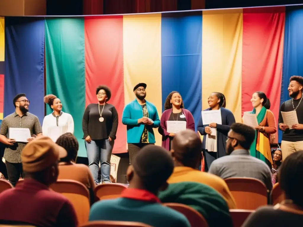 Grupo diverso de poetas de minorías en apasionado slam de poesía, con multitud vibrante y banderas multiculturales