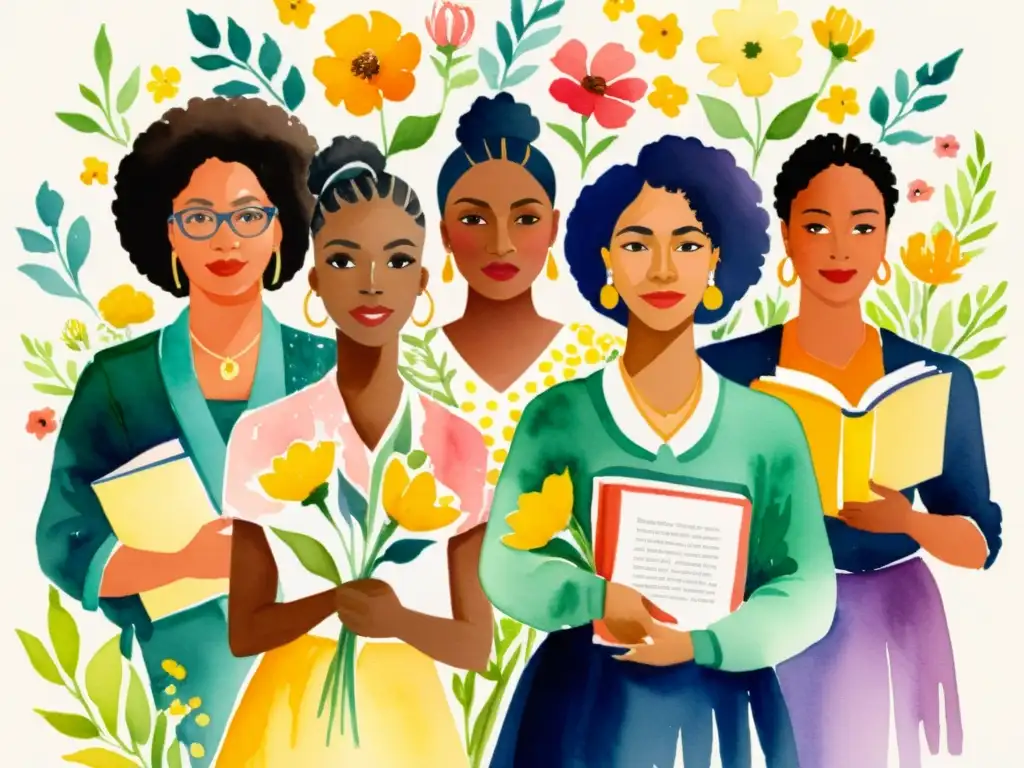 Grupo diverso de poetas mujeres fuertes, seguras, con libros rodeadas de flores vibrantes