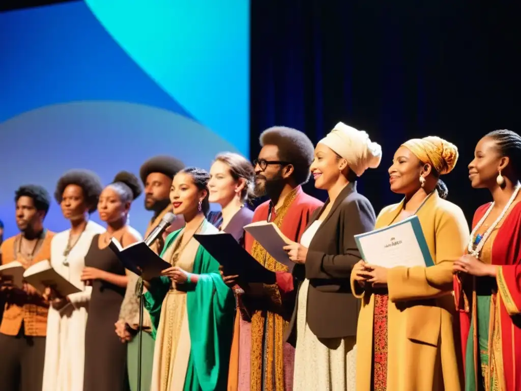 Un grupo diverso de poetas del mundo comparte su arte en un escenario iluminado por una cálida luz dorada, representando la universalidad de la poesía contemporánea y el poder de la traducción para unir culturas