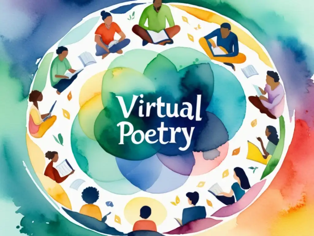 Un grupo diverso de poetas de todo el mundo participa en un taller virtual de poesía global, rodeados de palabras flotantes y colores vibrantes