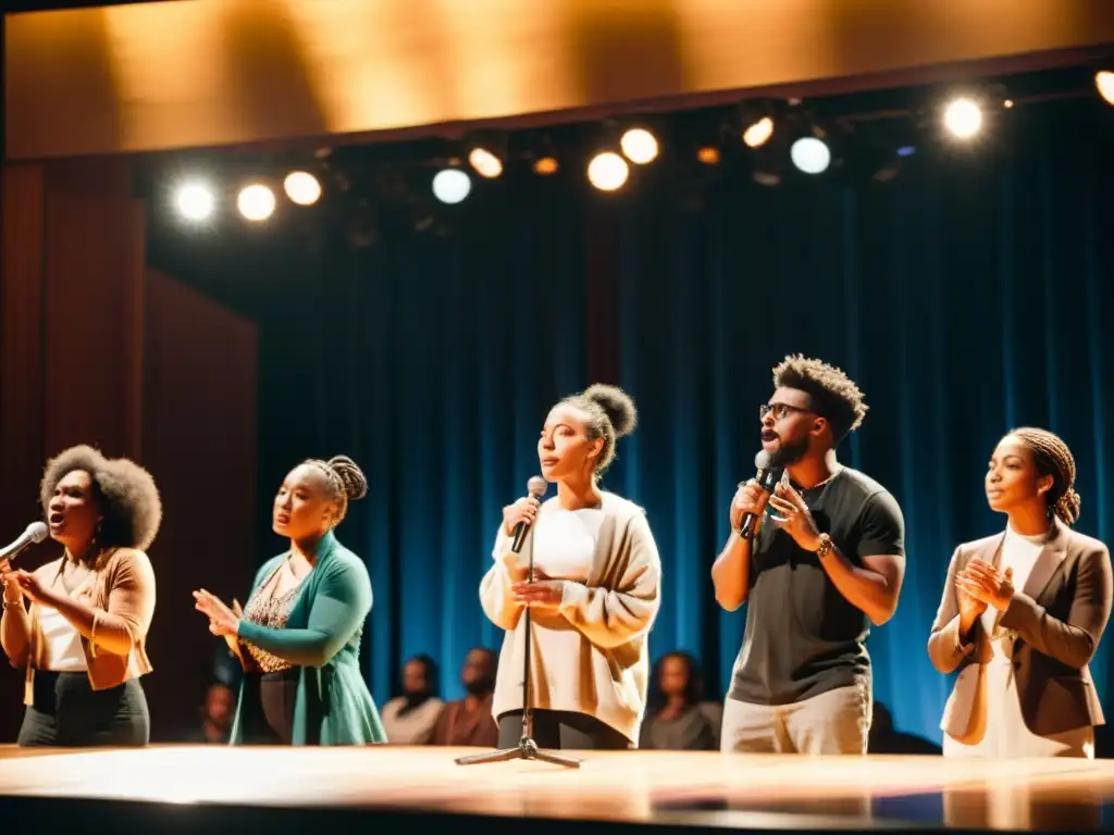 Un grupo diverso de poetas recita con pasión en una competición de Slam Poetry mundial, rodeados de admiración y emoción