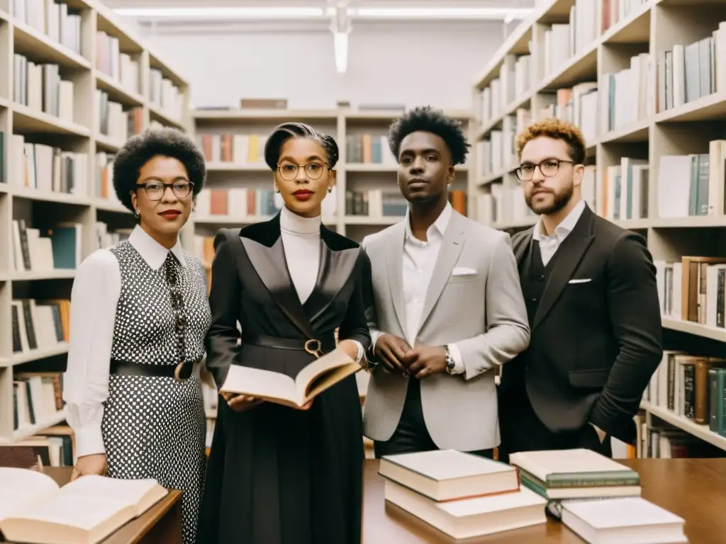 Grupo diverso de poetas queer, desafiantes del canon, posando con libros en una biblioteca llena de literatura clásica