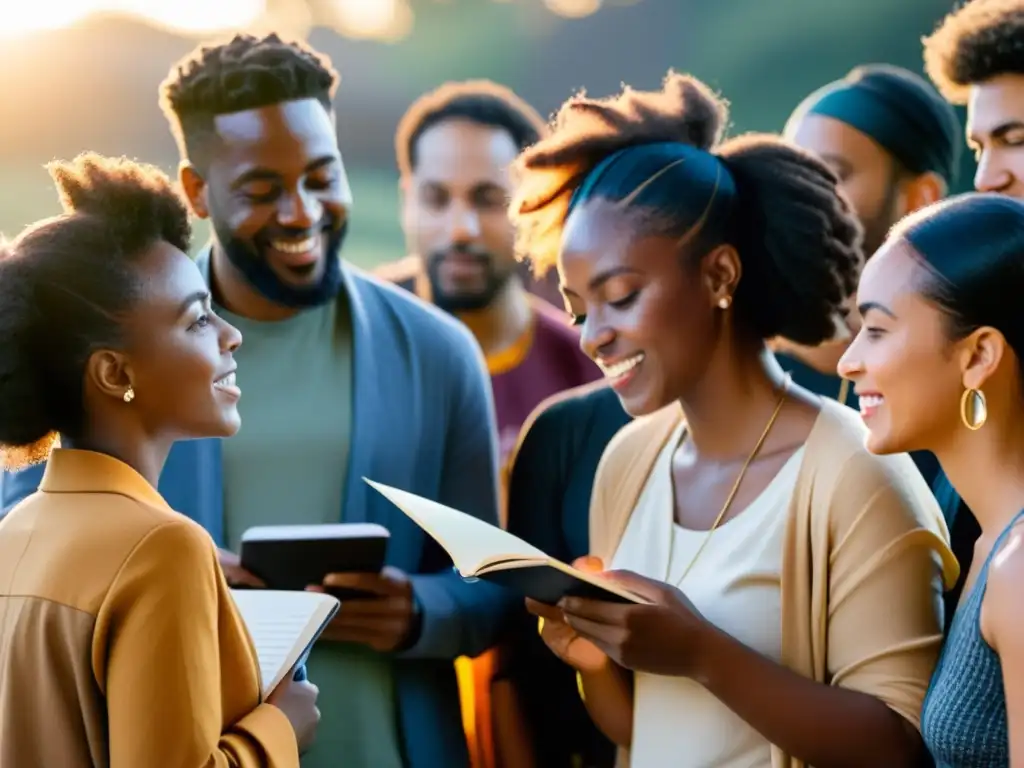 Grupo diverso de poetas comparten sus versos al atardecer, creando un ambiente de inclusión en la poesía contemporánea