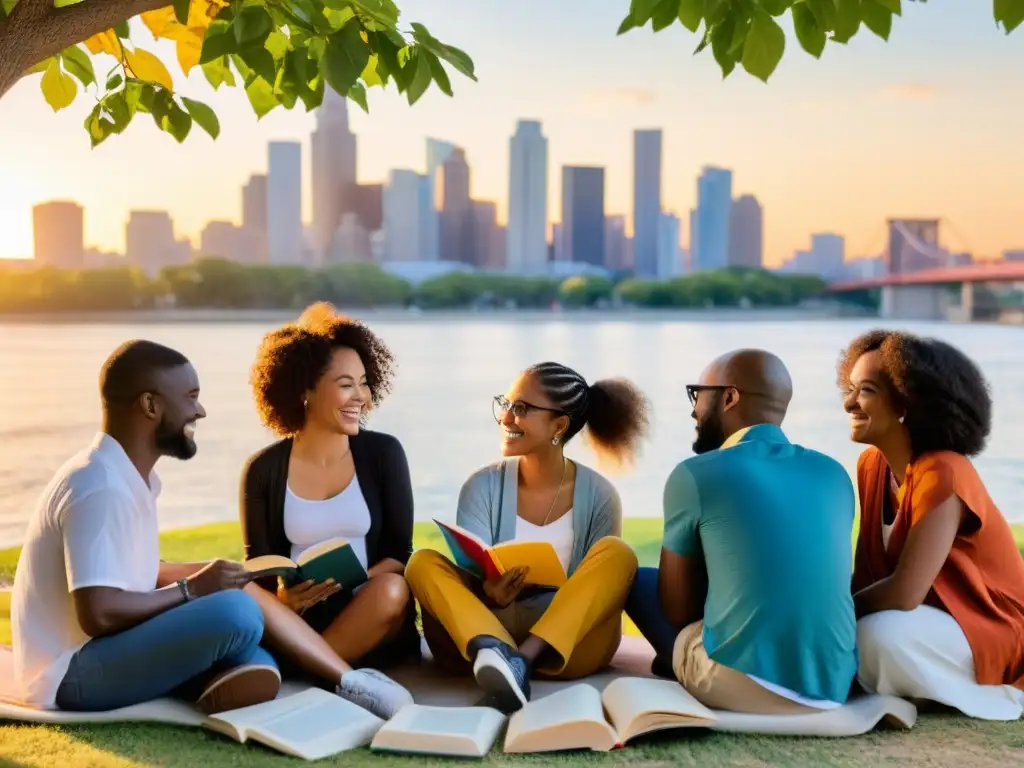 Un grupo diverso de poetas comparte sus versos bajo un árbol al atardecer, rodeados de libros y papeles coloridos