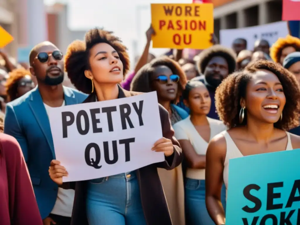 Grupo diverso en protesta desafía cultural con poesía y determinación, rodeados de colores vibrantes