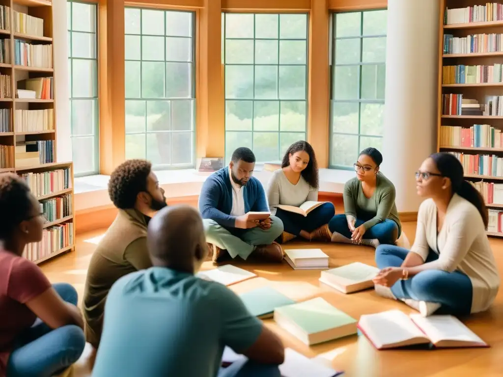 Grupo diverso en taller literario, rodeado de libros y materiales de escritura, inspirados en la reconstrucción emocional