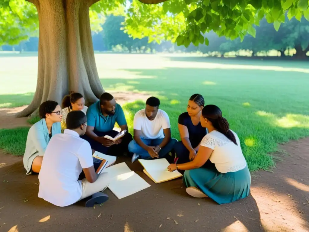 Un grupo diverso participa en un taller de poesía bajo un árbol, rodeados de naturaleza