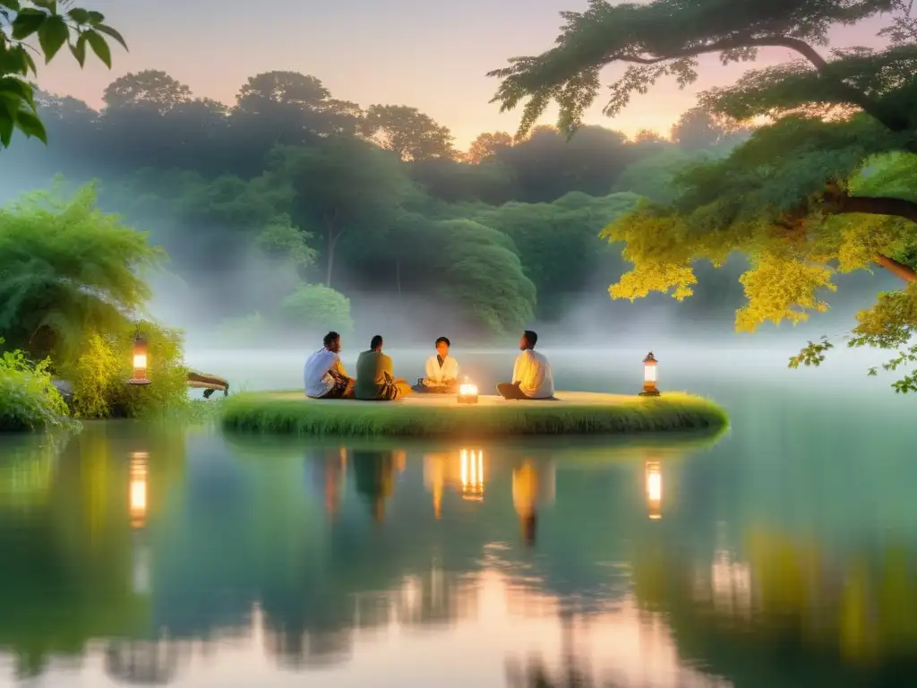 Un grupo diverso participa en un Taller de Poesía Terapéutica junto a un tranquilo lago al atardecer, creando un ambiente etéreo y comunitario