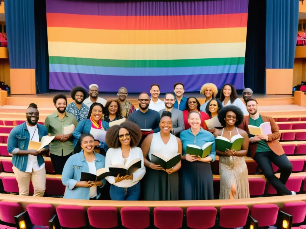 Un grupo diverso y vibrante de poetas LGBTQ+ de todo el mundo, unidos en un anfiteatro iluminado con los colores del arcoíris