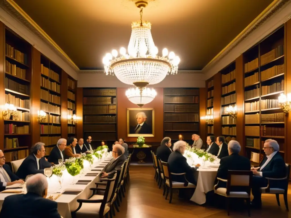 Grupo de escritores e intelectuales en animadas discusiones en un salón de círculos literarios Siglo de Plata, iluminado por cálidas luces de araña