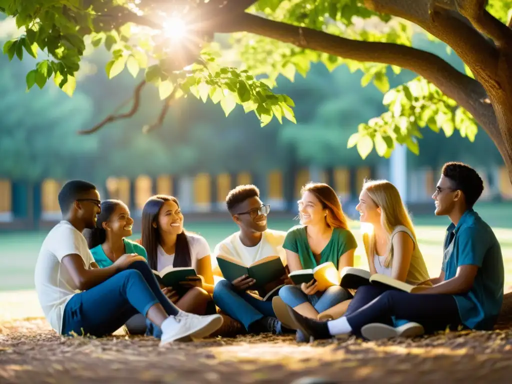 Grupo de estudiantes al aire libre, leyendo y discutiendo poesía bajo la luz dorada del sol, creando un impacto en su desarrollo cognitivo y emocional