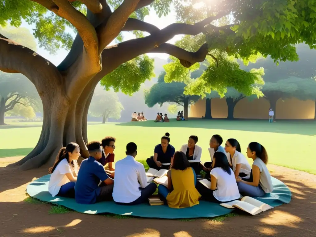 Grupo de estudiantes diverso leyendo poesía antigua bajo un árbol, conectando con la relevancia educativa contemporánea