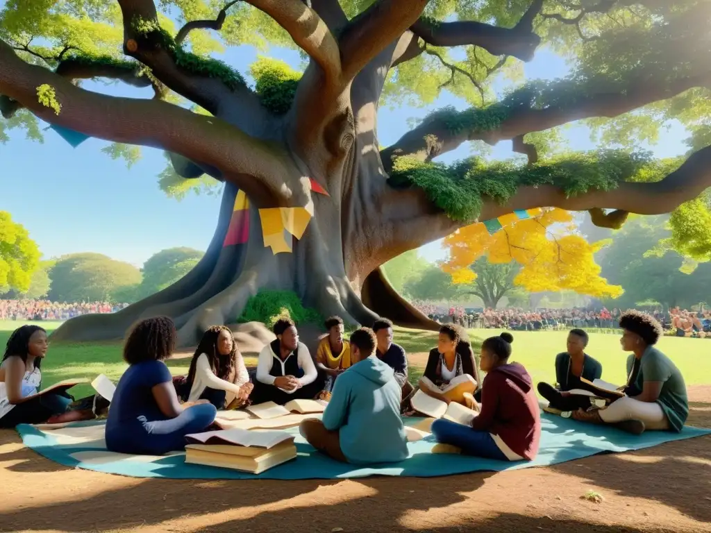 Grupo de jóvenes bajo un árbol, escuchando a un poeta leer un libro antiguo