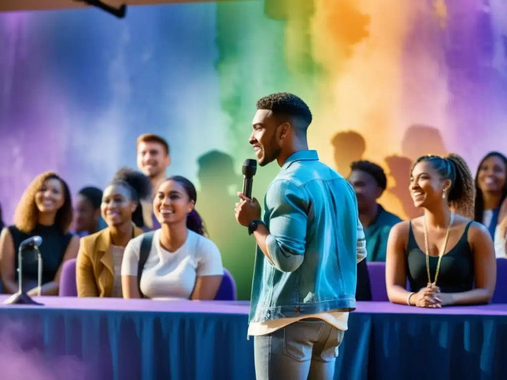 Un grupo de jóvenes diversos ofrece discursos apasionados en un escenario iluminado por una cálida luz dorada, frente a un público atento