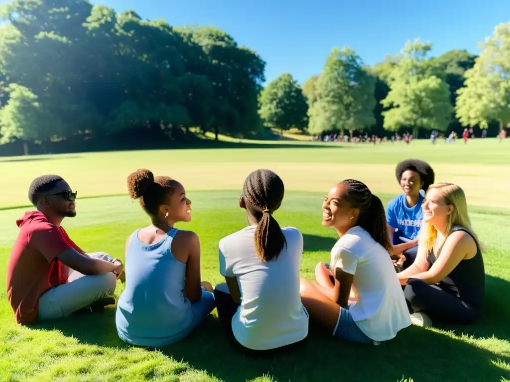 Un grupo de jóvenes estudiantes diversos se reúnen en círculo en un campo rodeado de árboles, bajo un cielo azul claro