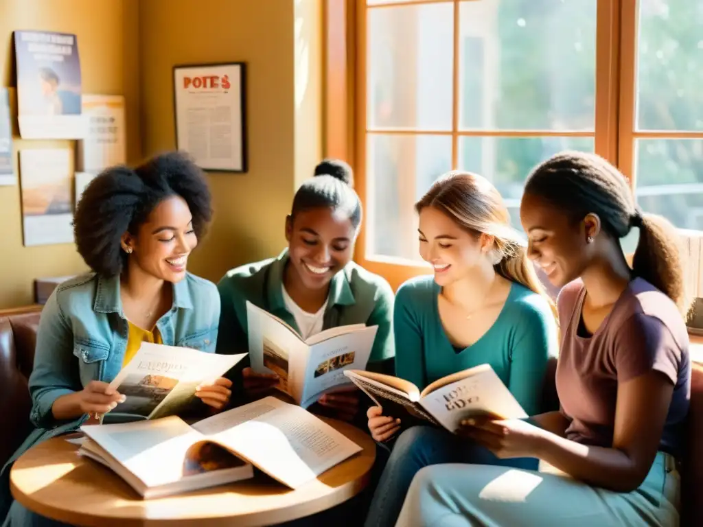 Un grupo de jóvenes poetas se reúne en un acogedor café, rodeado de revistas y libros literarios