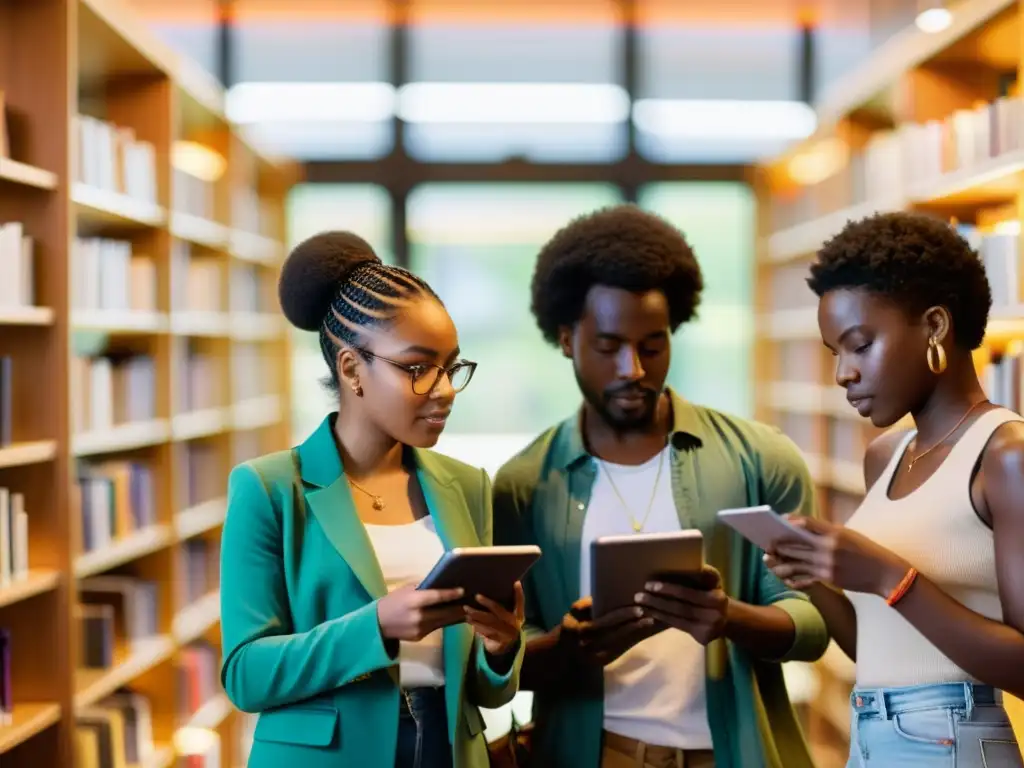 Un grupo de jóvenes poetas africanos se reúnen en una biblioteca moderna y vibrante, discutiendo y compartiendo su creatividad