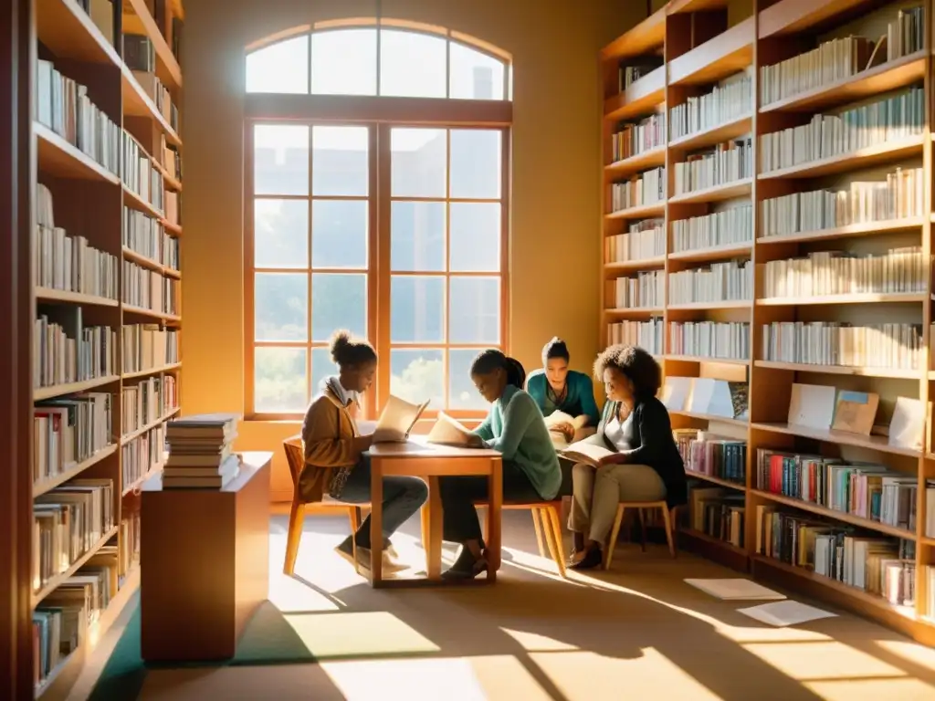 Un grupo de jóvenes poetas diversos se reúnen en una biblioteca soleada, fomentando la publicación de obras estudiantiles de poesía