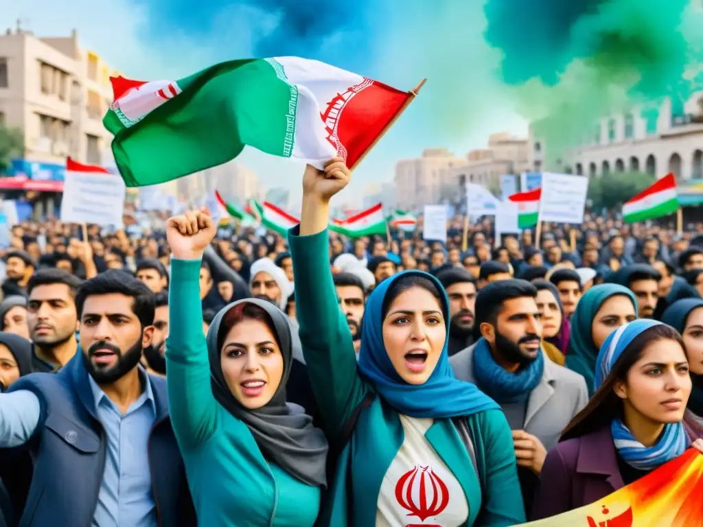 Grupo de manifestantes iraníes con pancartas y versos de protesta en la revolución, expresando esperanza y resistencia con intensidad y determinación