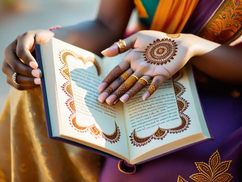 Un grupo de manos con diseños de henna sostienen un libro de poesía africana, mostrando diversidad y colaboración