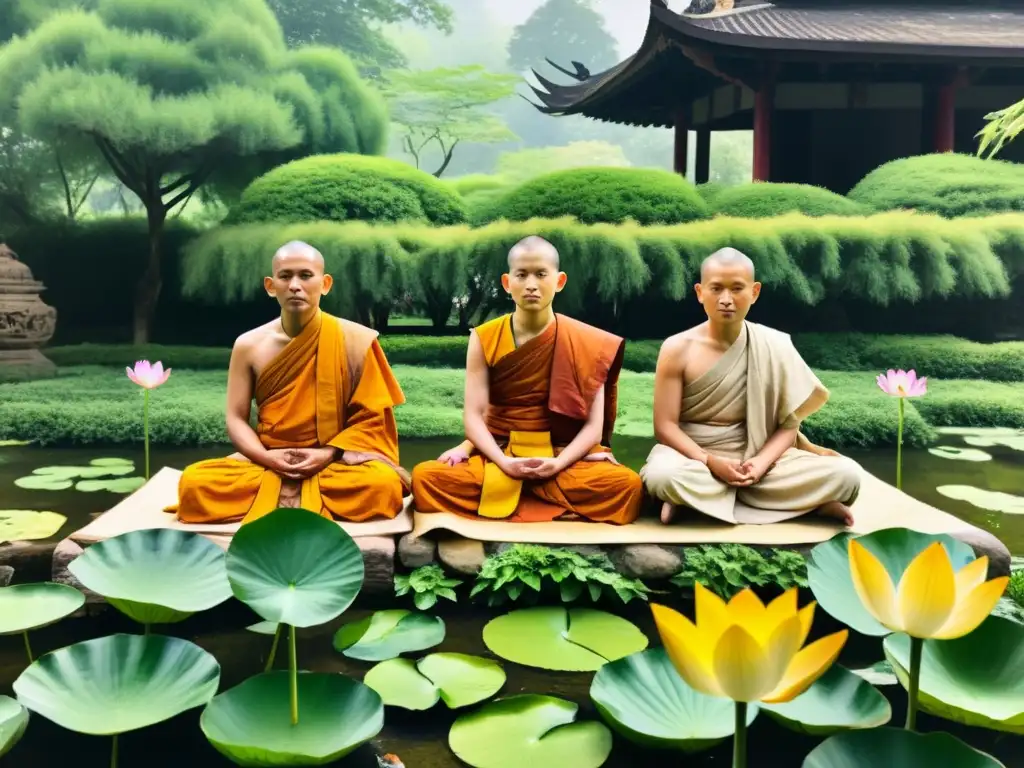 Un grupo de monjes en un jardín tranquilo, preservando poesía sánscrita en pergaminos