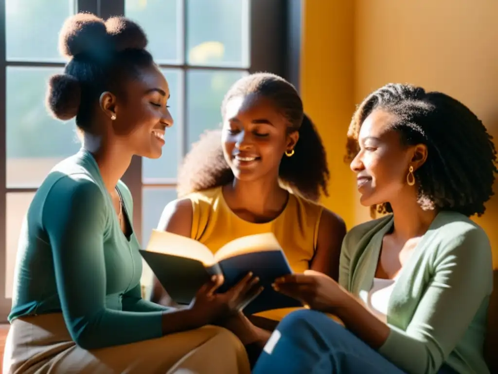 Un grupo de mujeres diversas se reúne en círculo, sosteniendo libros de poesía, discutiendo apasionadamente bajo la cálida luz del sol