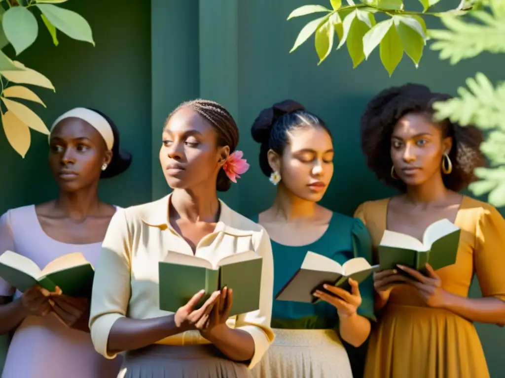 Un grupo de mujeres diversas sostiene flores y libros de poesía en un entorno natural, simbolizando la belleza y rebeldía de la poesía de mujeres